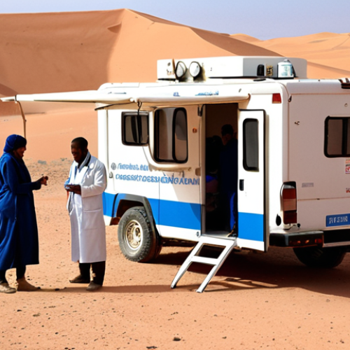 Home 15 **
A mobile health clinic in the Sahara Desert, with a small medical team attending to patients. Show the challenging environment and the dedication of the medical personnel. Add a sense of hope and resilience.
**