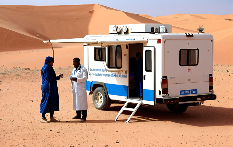 **
A mobile health clinic in the Sahara Desert, with a small medical team attending to patients. Show the challenging environment and the dedication of the medical personnel. Add a sense of hope and resilience.
**