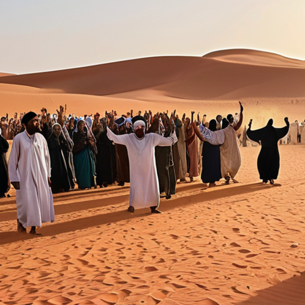 **A vibrant Sufi religious celebration in the Sahara Desert. Capture the essence of spirituality with participants engaged in dhikr (remembrance), chanting, and dancing. The scene is filled with joy, illuminated by soft, warm light, reflecting the deep impact of Sufi traditions on the Sahrawi community.**
