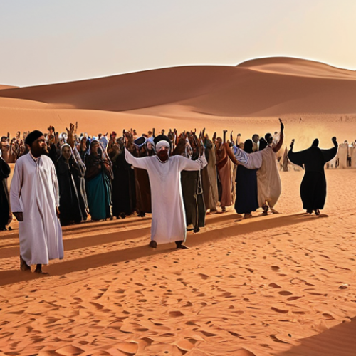 Home 14 **A vibrant Sufi religious celebration in the Sahara Desert. Capture the essence of spirituality with participants engaged in dhikr (remembrance), chanting, and dancing. The scene is filled with joy, illuminated by soft, warm light, reflecting the deep impact of Sufi traditions on the Sahrawi community.**