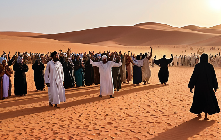 **A vibrant Sufi religious celebration in the Sahara Desert. Capture the essence of spirituality with participants engaged in dhikr (remembrance), chanting, and dancing. The scene is filled with joy, illuminated by soft, warm light, reflecting the deep impact of Sufi traditions on the Sahrawi community.**