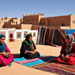 **A vibrant market scene in a Sahrawi city. Women in colorful traditional dress are selling intricate handwoven carpets and jewelry. In the background, modern buildings blend with traditional architecture under a clear desert sky.  Focus on the contrast between tradition and modernity, highlighting the beauty of Sahrawi craftsmanship.**