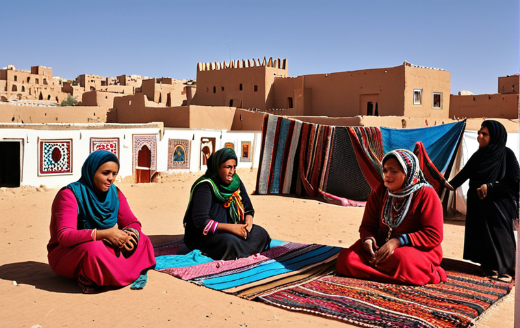 **A vibrant market scene in a Sahrawi city. Women in colorful traditional dress are selling intricate handwoven carpets and jewelry. In the background, modern buildings blend with traditional architecture under a clear desert sky. Focus on the contrast between tradition and modernity, highlighting the beauty of Sahrawi craftsmanship.**